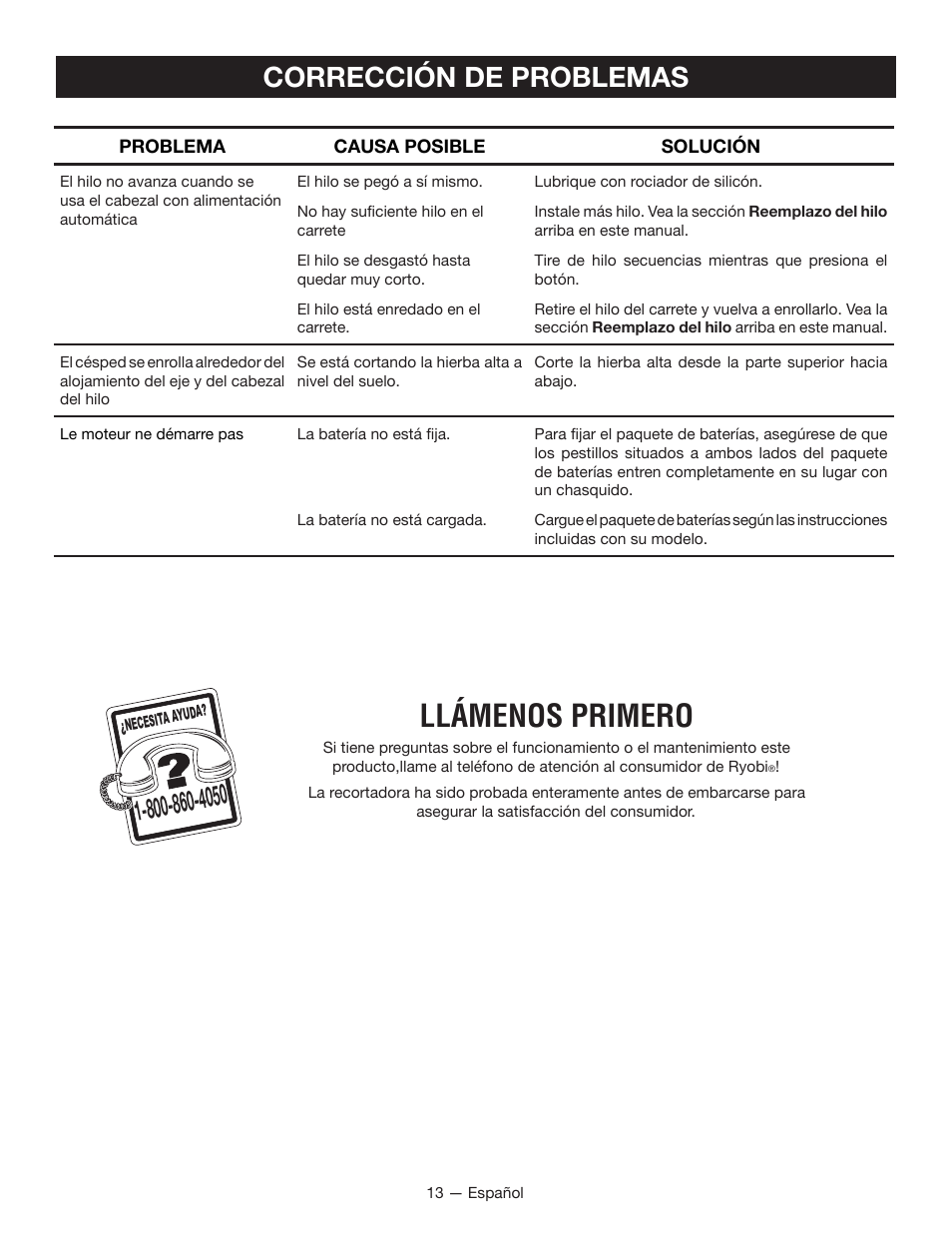 Llámenos primero, Corrección de problemas | Ryobi P2200 User Manual | Page 42 / 44