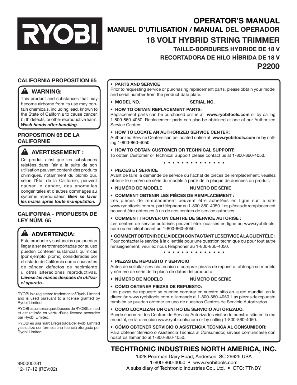 Operator’s manual, 18 volt hybrid string trimmer, P2200 | Techtronic industries north america, inc, Manuel d’utilisation / manual del operador | Ryobi P2200 User Manual | Page 44 / 44