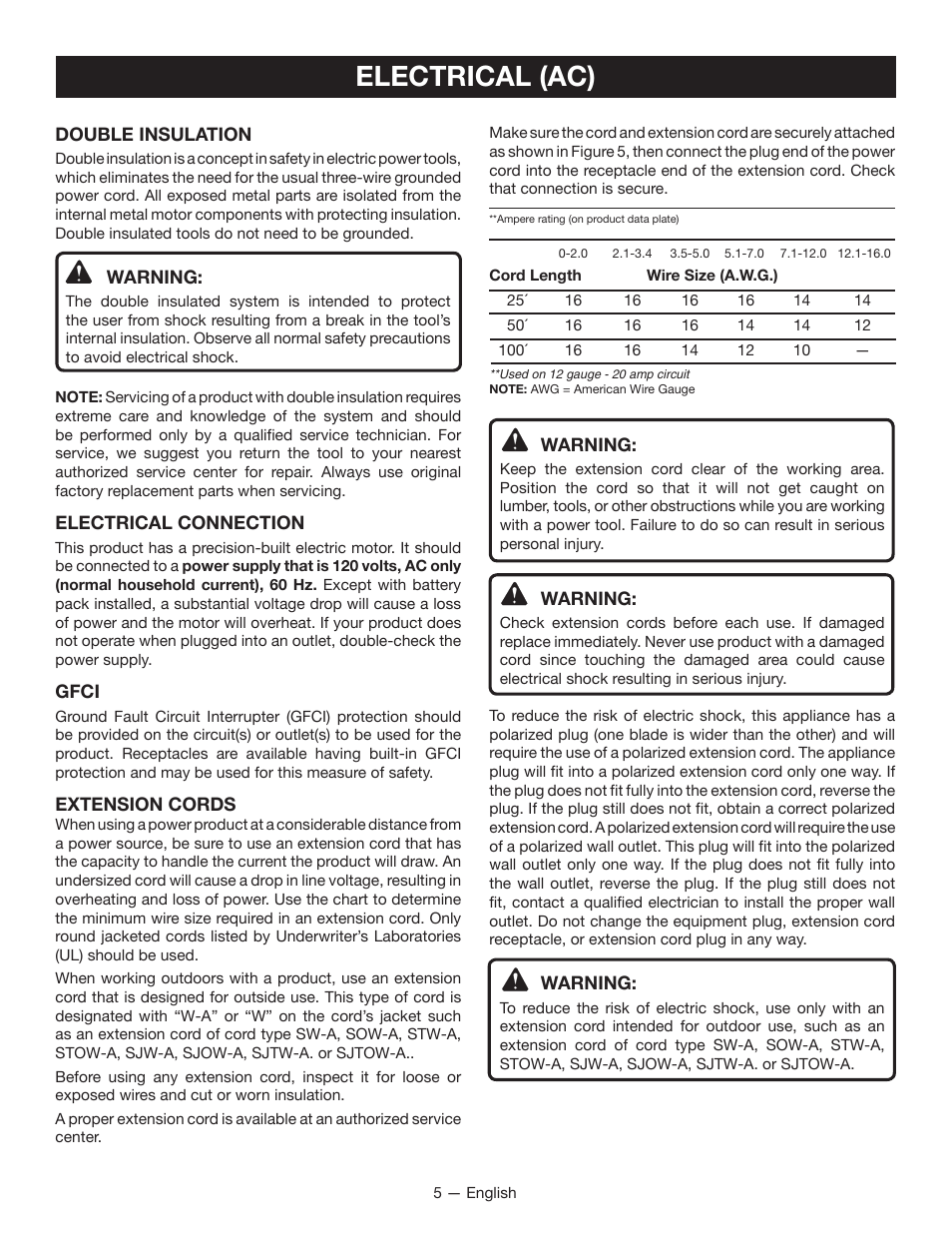 Electrical (ac) | Ryobi P2200 User Manual | Page 9 / 44