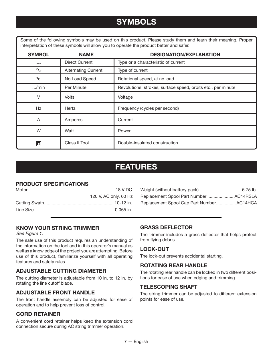 Features, Symbols | Ryobi P2200 User Manual | Page 11 / 44