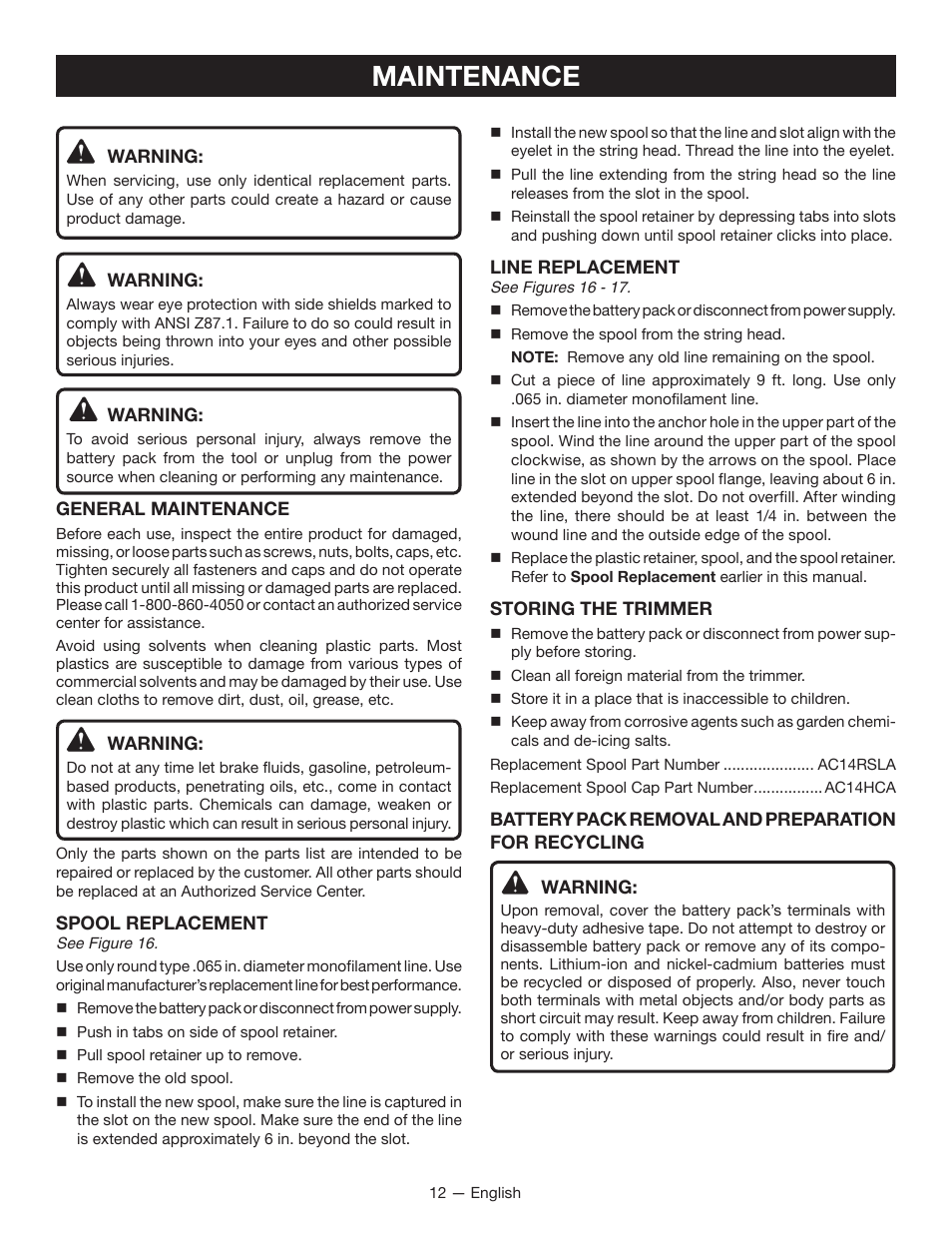 Maintenance | Ryobi P2200 User Manual | Page 16 / 44