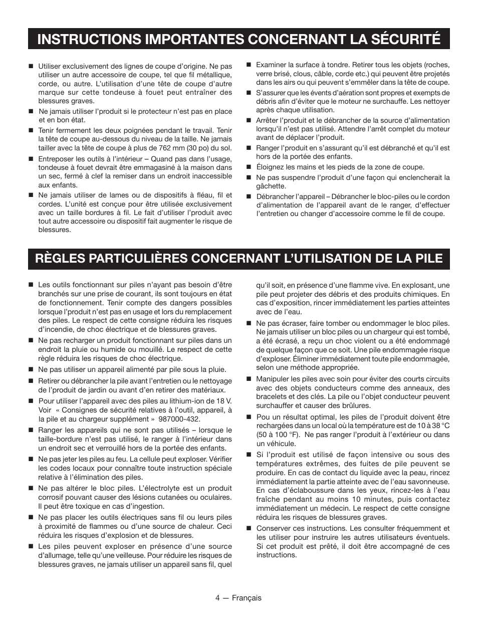 Instructions importantes concernant la sécurité | Ryobi P2200 User Manual | Page 21 / 44