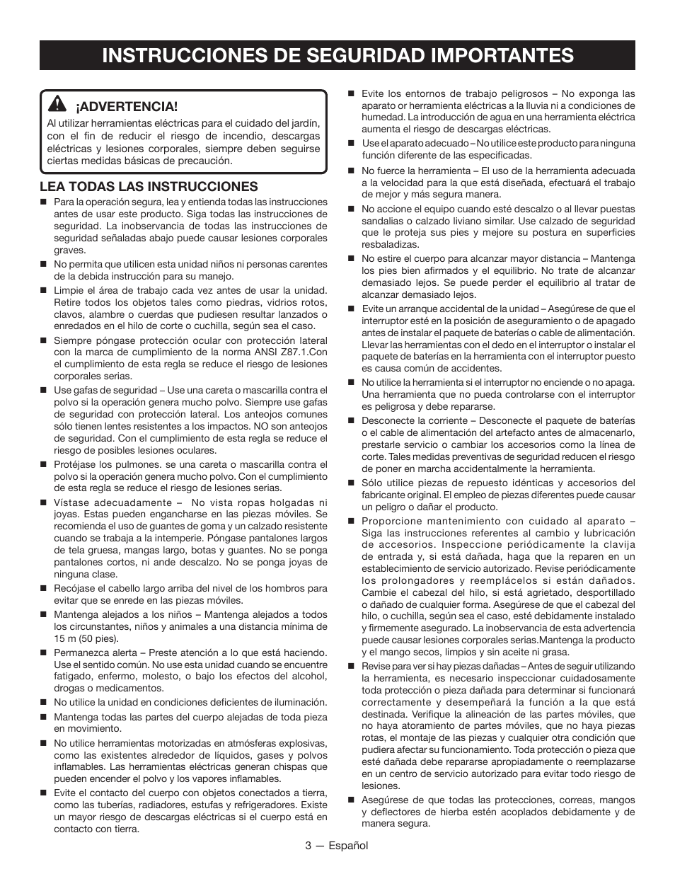 Instrucciones de seguridad importantes, Advertencia, Lea todas las instrucciones | Ryobi P2200 User Manual | Page 32 / 44