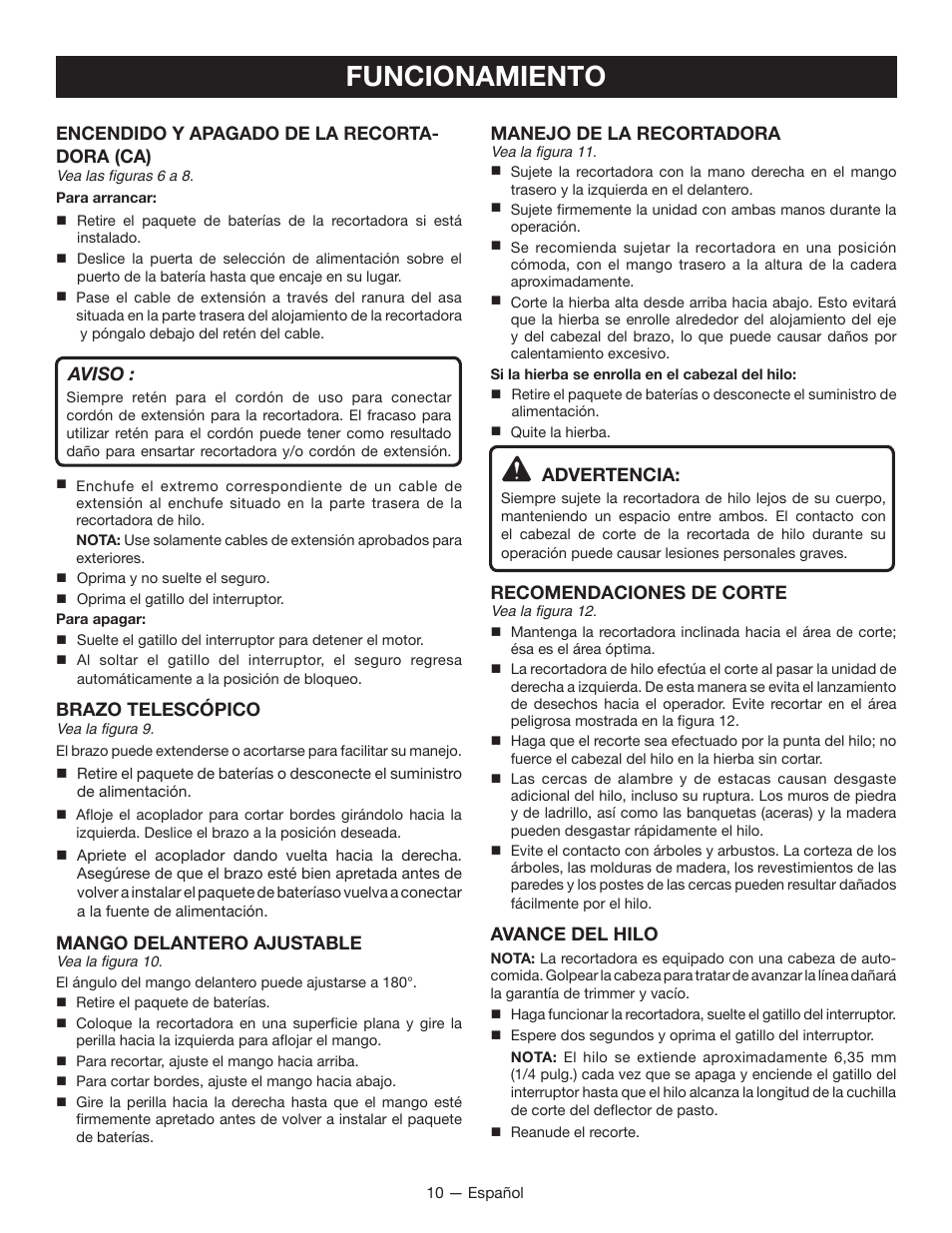 Funcionamiento, Encendido y apagado de la recorta- dora (ca), Aviso | Brazo telescópico, Mango delantero ajustable, Manejo de la recortadora, Advertencia, Recomendaciones de corte, Avance del hilo | Ryobi P2200 User Manual | Page 39 / 44