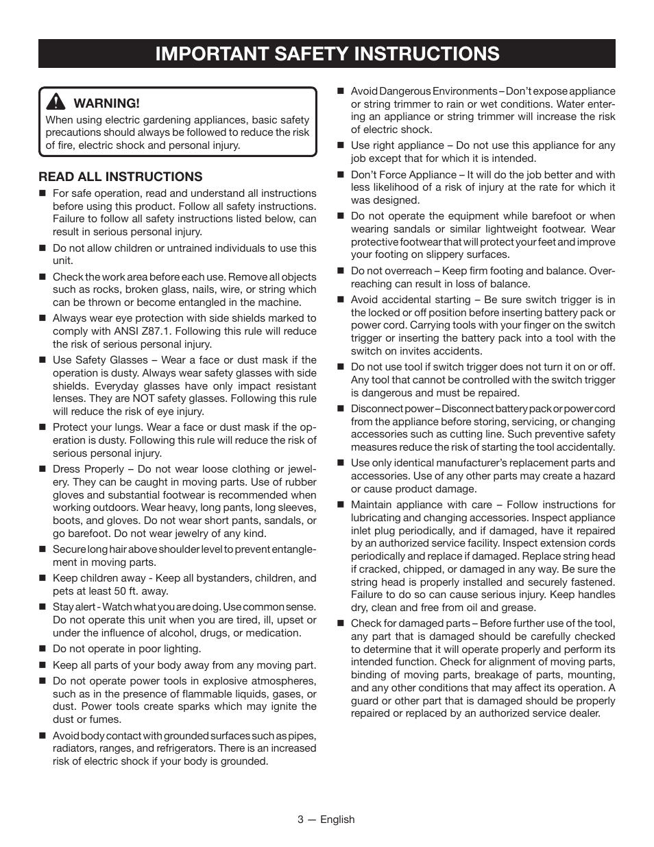 Important safety instructions | Ryobi P2200 User Manual | Page 7 / 44