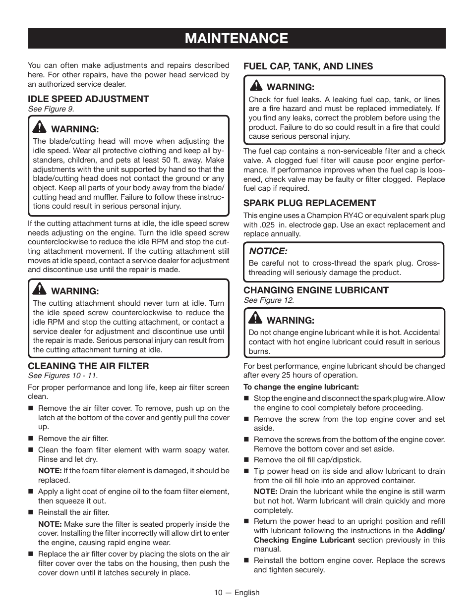 Maintenance | Ryobi RY34007 User Manual | Page 12 / 42