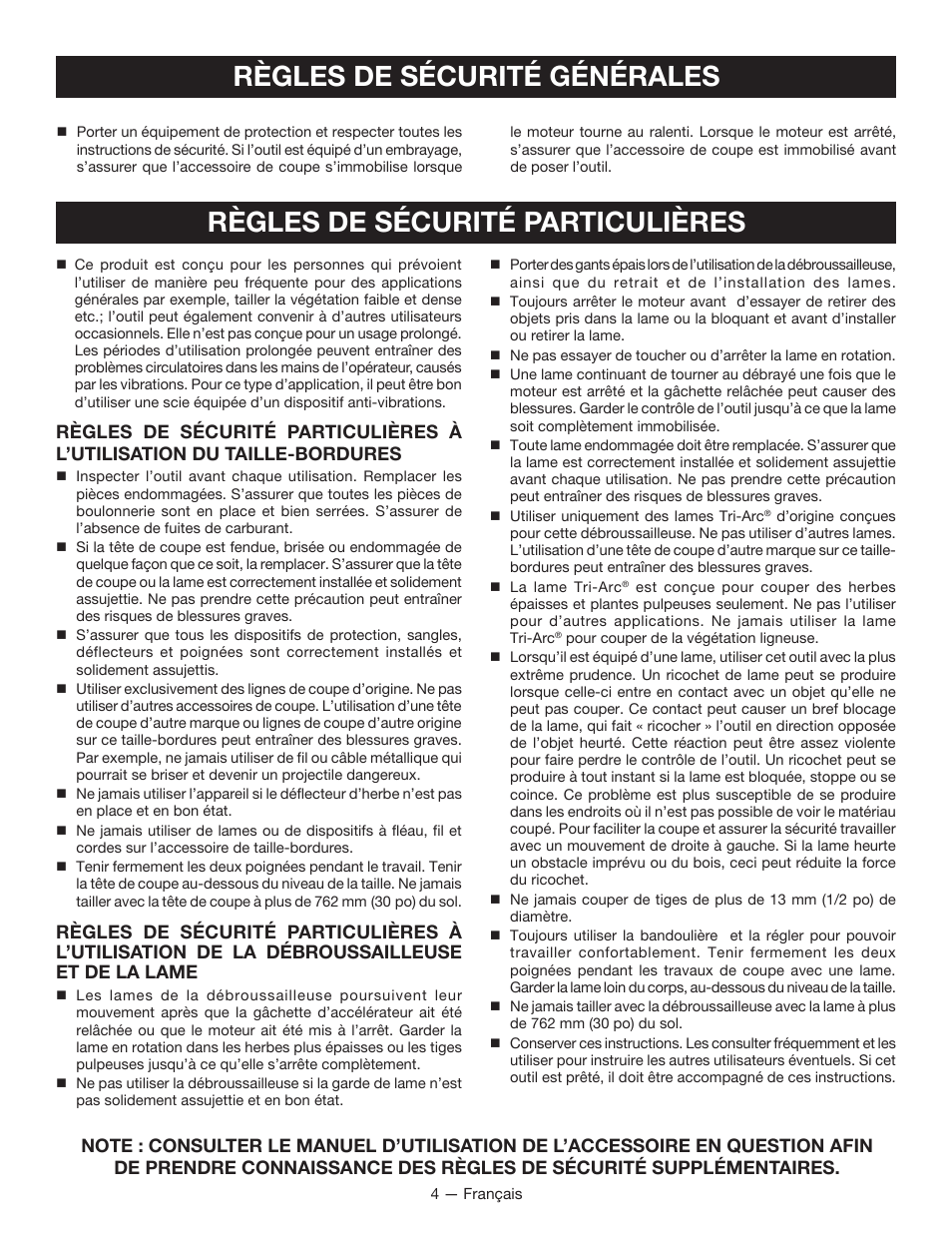 Règles de sécurité particulières, Règles de sécurité générales | Ryobi RY34007 User Manual | Page 19 / 42