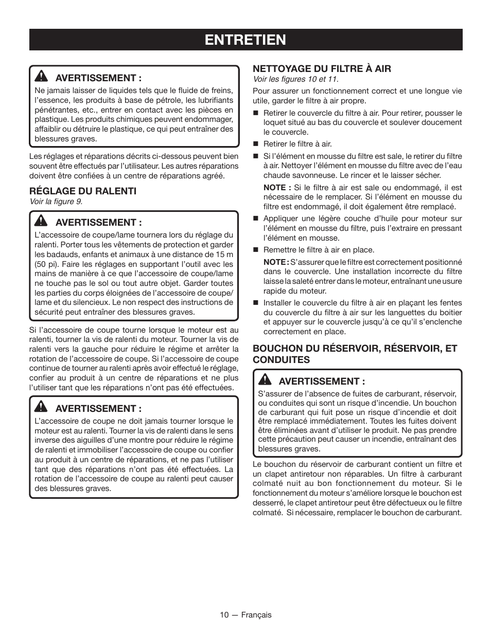 Entretien | Ryobi RY34007 User Manual | Page 25 / 42
