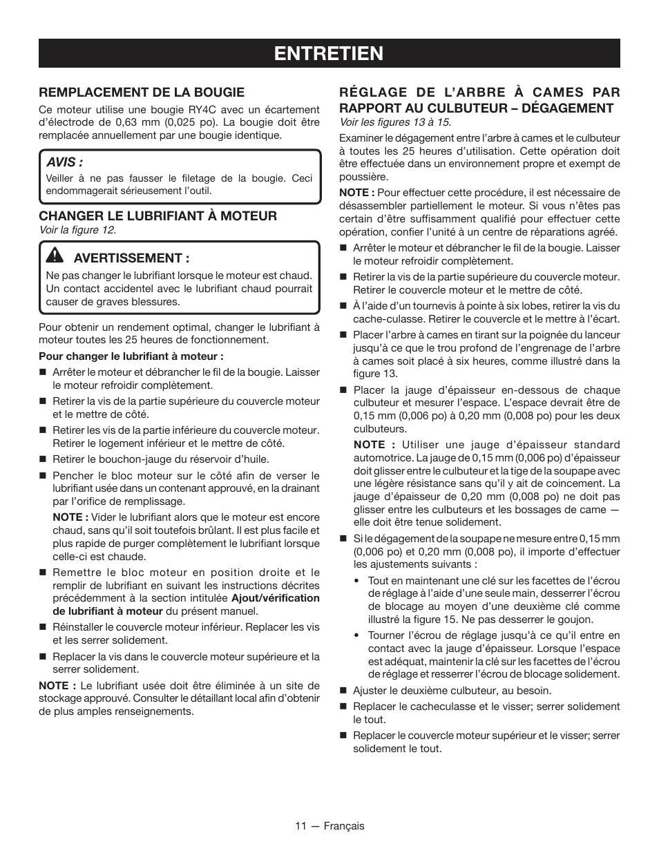 Entretien | Ryobi RY34007 User Manual | Page 26 / 42