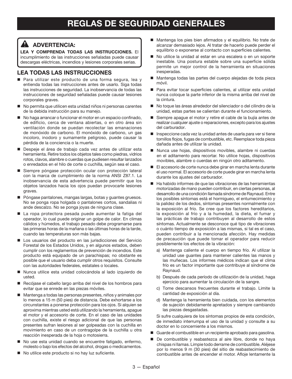 Reglas de seguridad generales, Advertencia, Lea todas las instrucciones | Ryobi RY34007 User Manual | Page 30 / 42