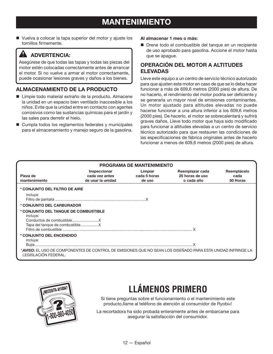 Llámenos primero, Mantenimiento | Ryobi RY34007 User Manual | Page 39 / 42