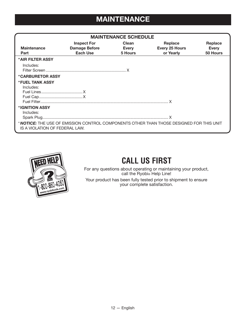 Call us first, Maintenance | Ryobi RY34007 User Manual | Page 14 / 42