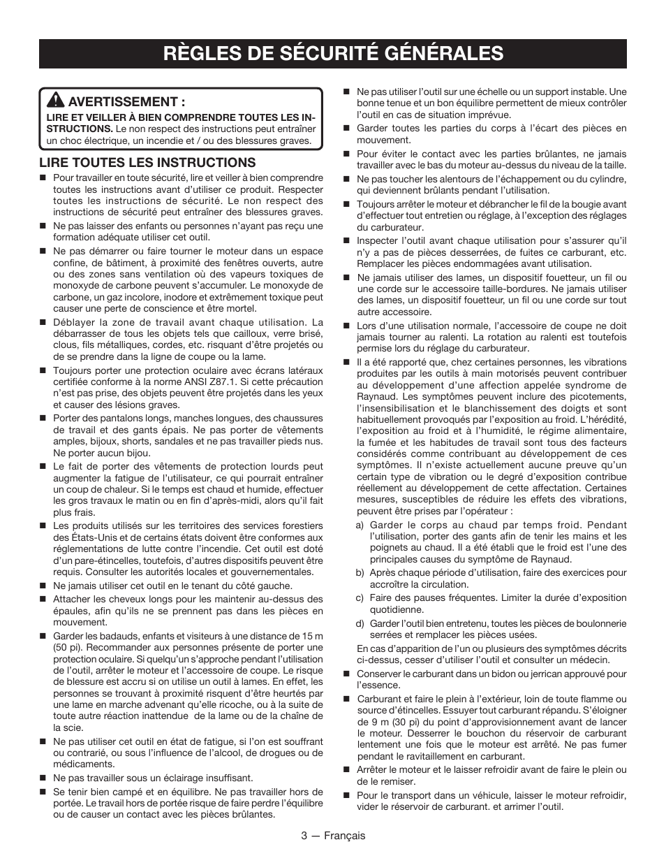 Règles de sécurité générales, Avertissement, Lire toutes les instructions | Ryobi RY34007 User Manual | Page 18 / 42