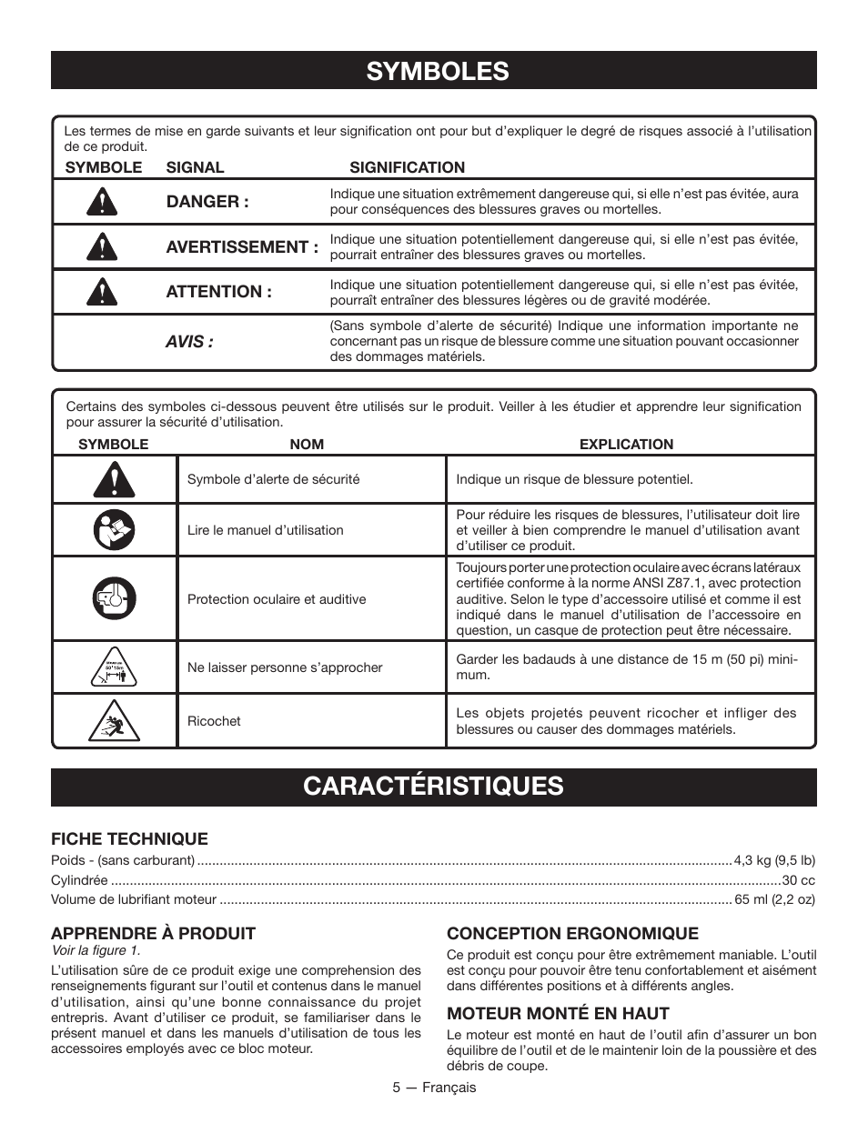 Symboles, Caractéristiques | Ryobi RY34007 User Manual | Page 20 / 42