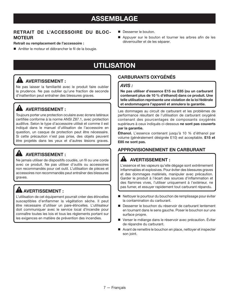 Assemblage, Utilisation | Ryobi RY34007 User Manual | Page 22 / 42