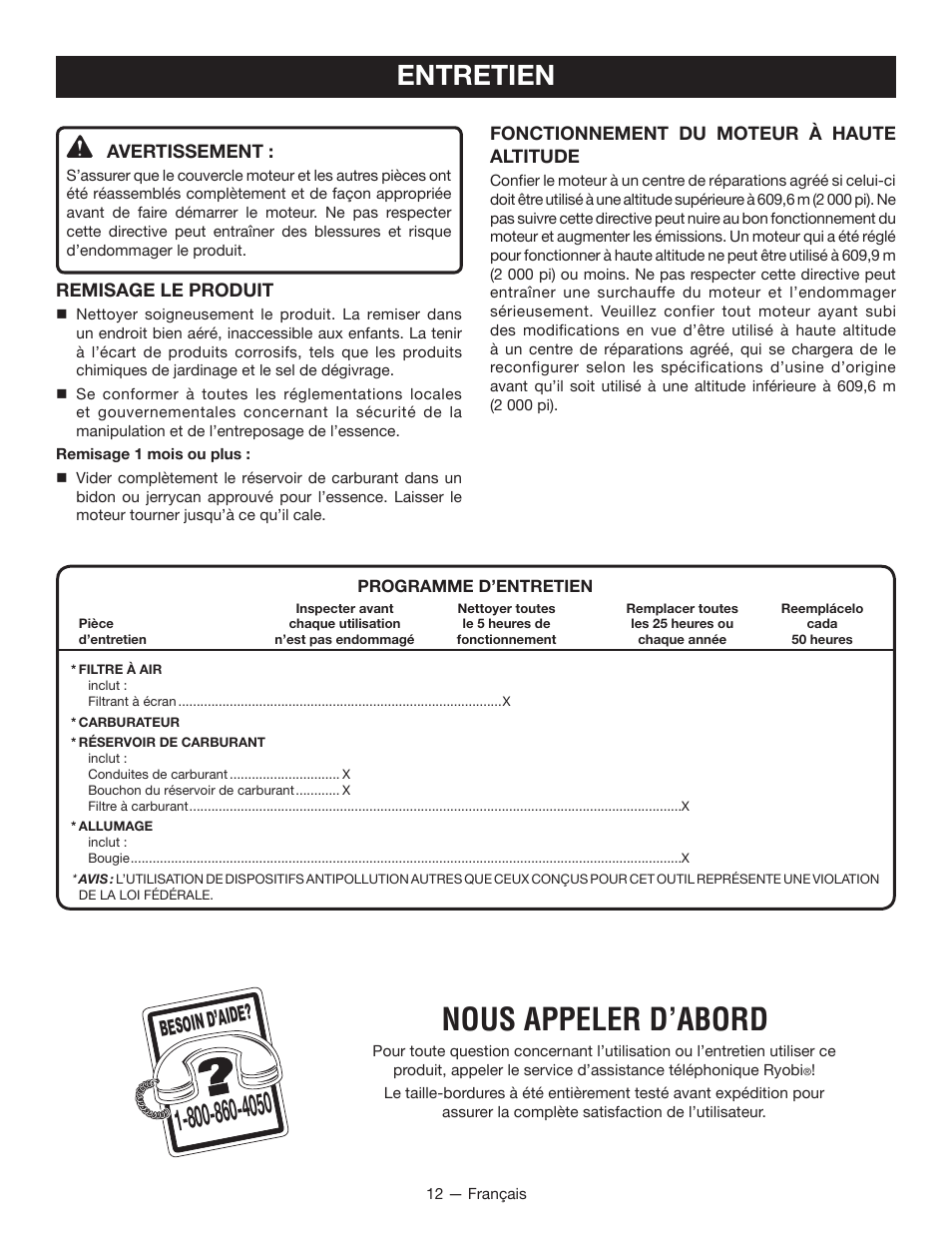 Nous appeler d’abord, Entretien, Besoin d’aid e | Ryobi RY34007 User Manual | Page 27 / 42