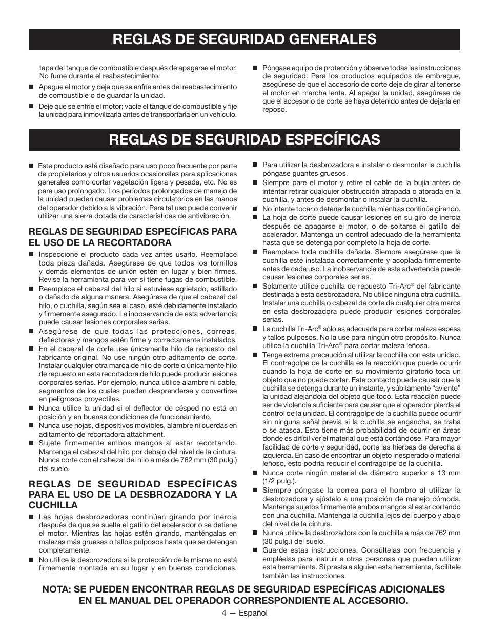 Reglas de seguridad específicas, Reglas de seguridad generales | Ryobi RY34007 User Manual | Page 31 / 42