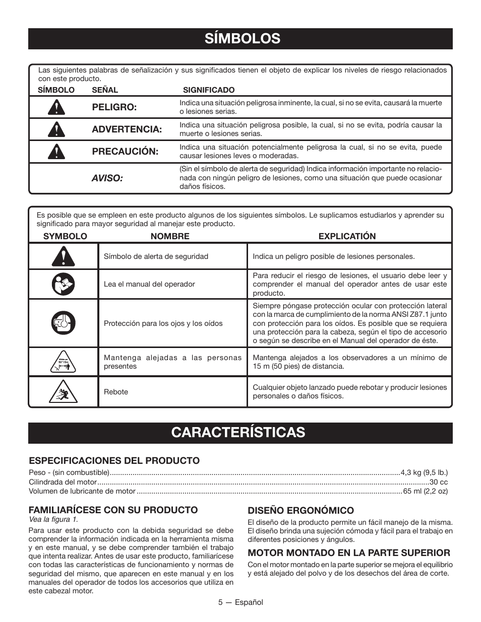 Símbolos, Características | Ryobi RY34007 User Manual | Page 32 / 42