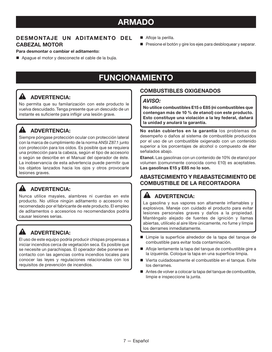 Armado, Funcionamiento | Ryobi RY34007 User Manual | Page 34 / 42