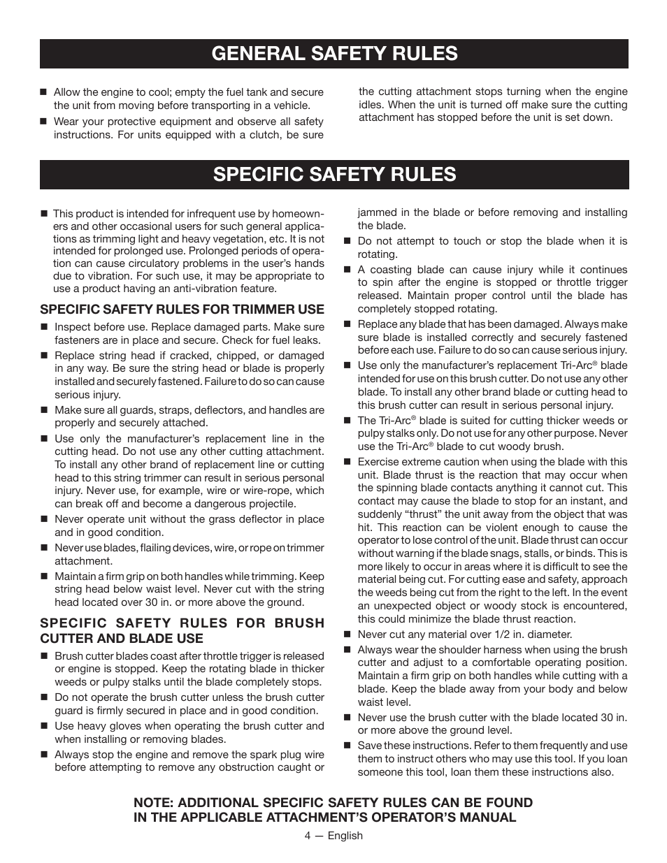 Specific safety rules, General safety rules | Ryobi RY34007 User Manual | Page 6 / 42