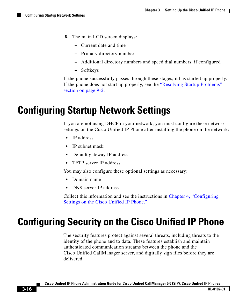 Configuring startup network settings, Configuring security on the cisco unified ip phone | Cisco 7971G User Manual | Page 16 / 18