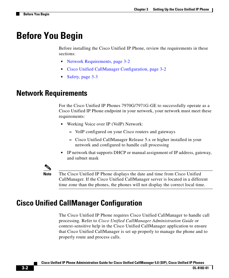 Before you begin, Network requirements, Cisco unified callmanager configuration | Cisco 7971G User Manual | Page 2 / 18