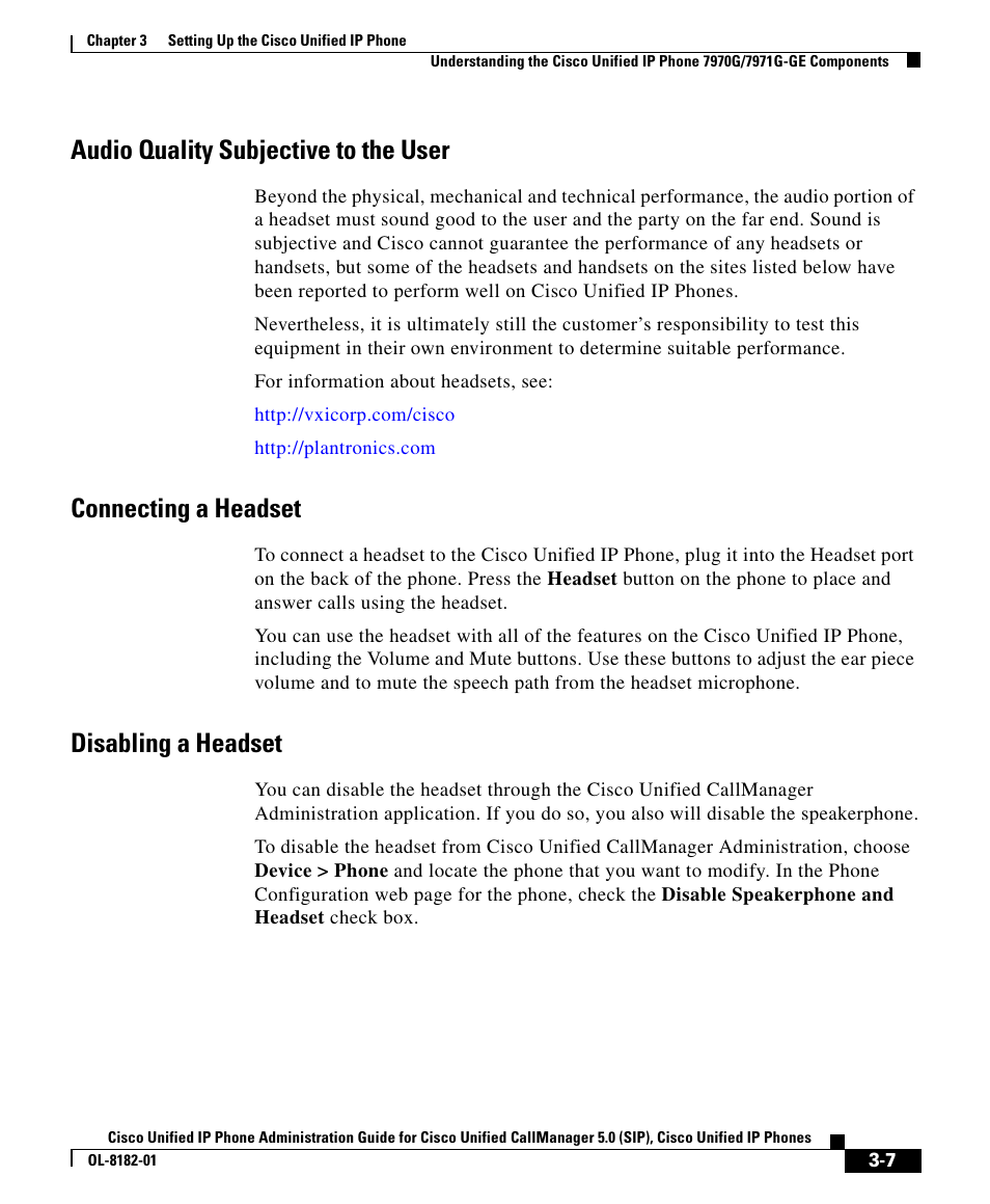 Audio quality subjective to the user, Connecting a headset, Disabling a headset | Cisco 7971G User Manual | Page 7 / 18
