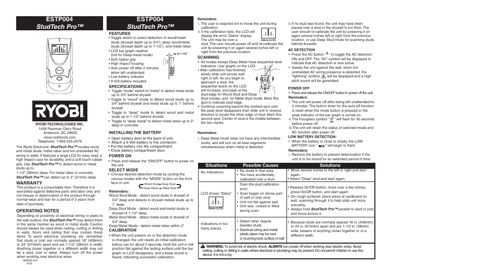 Ryobi ESTP004 User Manual | 1 page