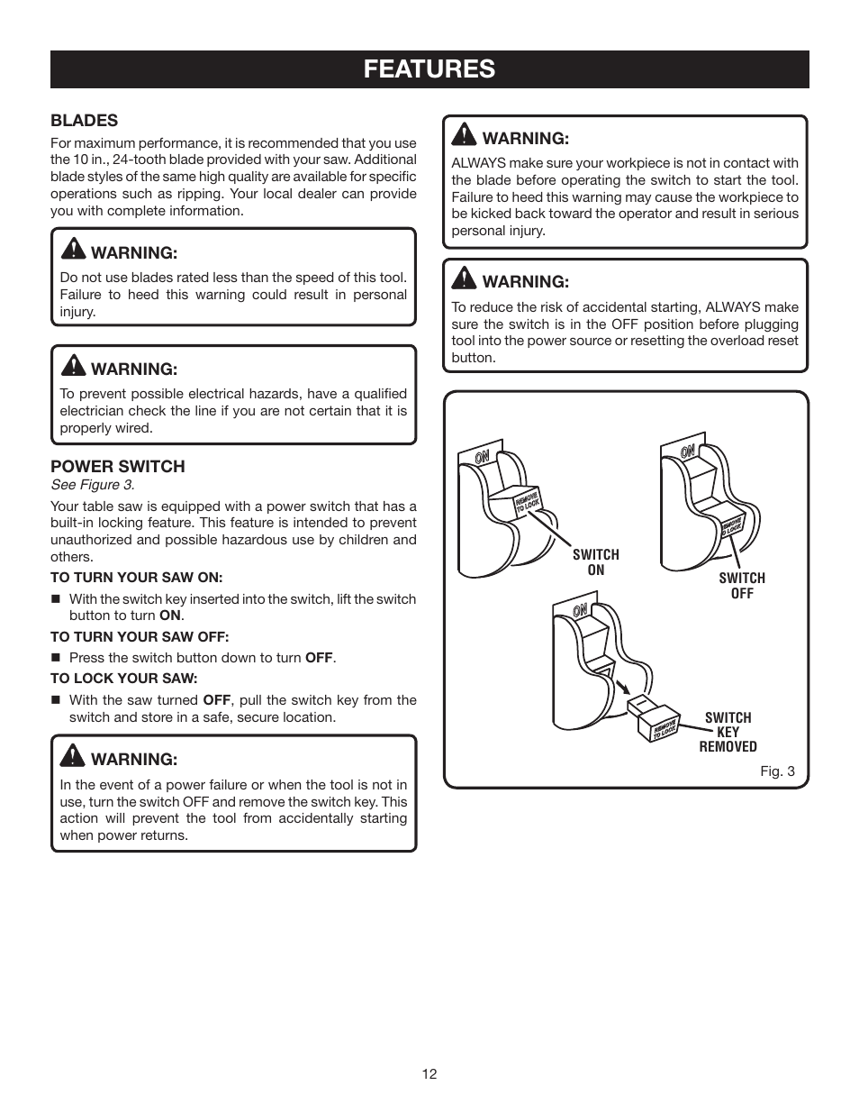 Features | Ryobi BTS10S User Manual | Page 12 / 34