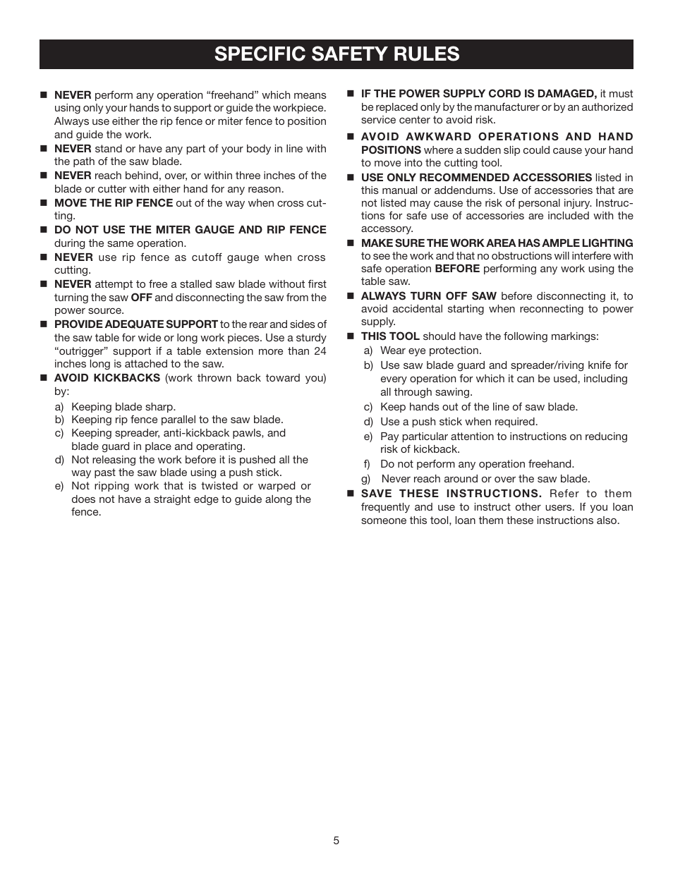 Specific safety rules | Ryobi BTS10S User Manual | Page 5 / 34