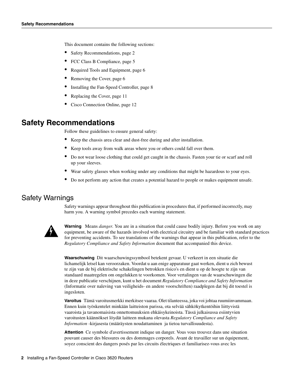 Safety recommendations, Safety warnings | Cisco 3620 User Manual | Page 2 / 12