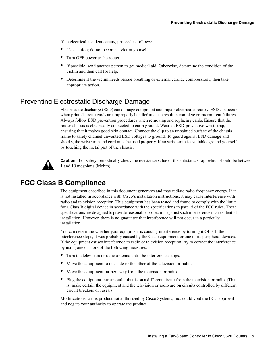 Fcc class b compliance, Preventing electrostatic discharge damage | Cisco 3620 User Manual | Page 5 / 12