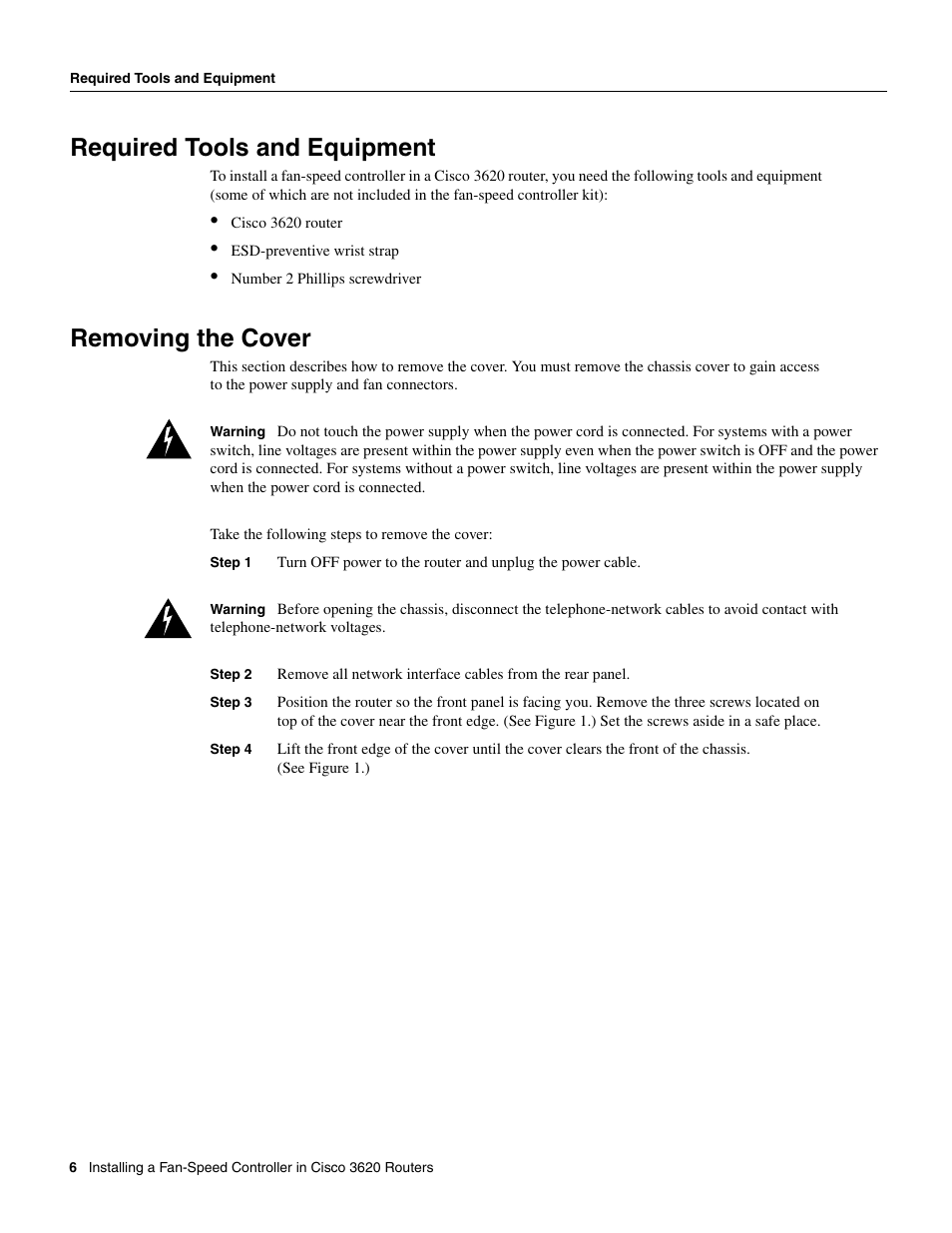 Required tools and equipment, Removing the cover | Cisco 3620 User Manual | Page 6 / 12