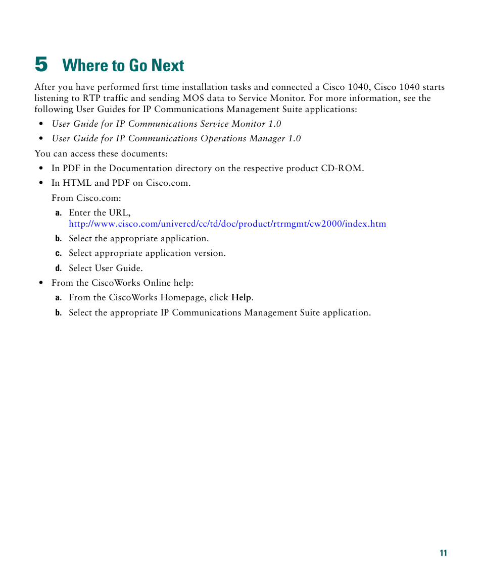 5 where to go next, Where to go next | Cisco 1040 User Manual | Page 11 / 52