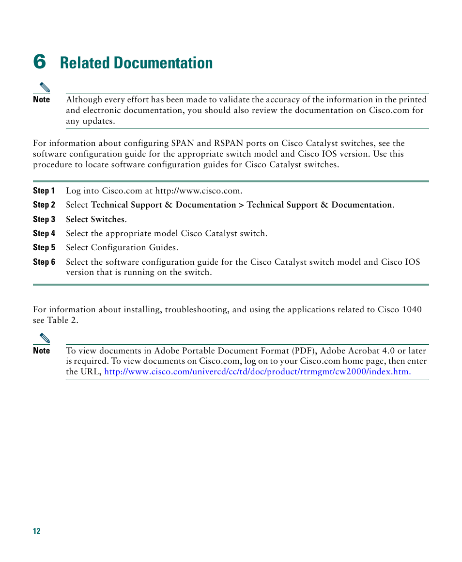 6 related documentation, Related documentation | Cisco 1040 User Manual | Page 12 / 52