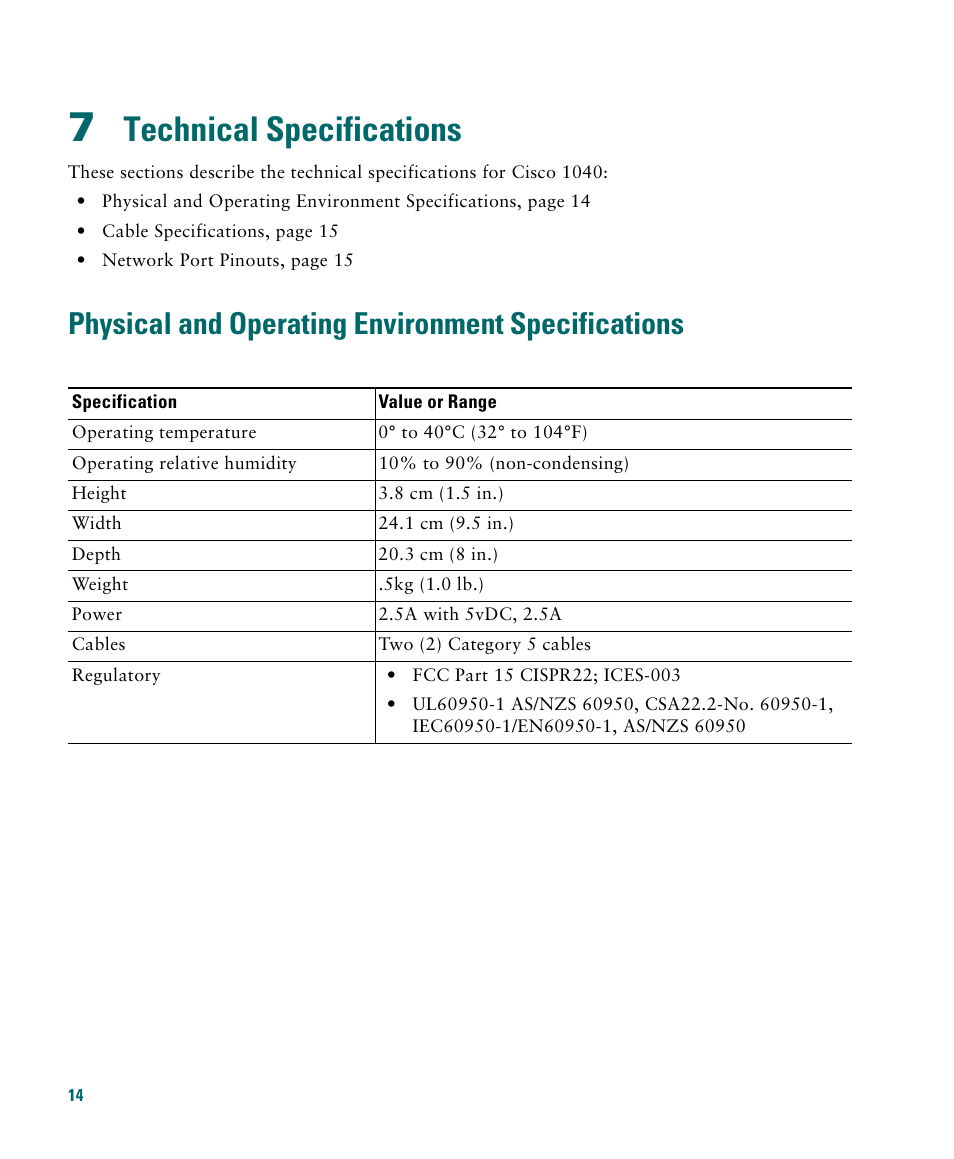 7 technical specifications, Physical and operating environment specifications, Technical specifications | Cisco 1040 User Manual | Page 14 / 52