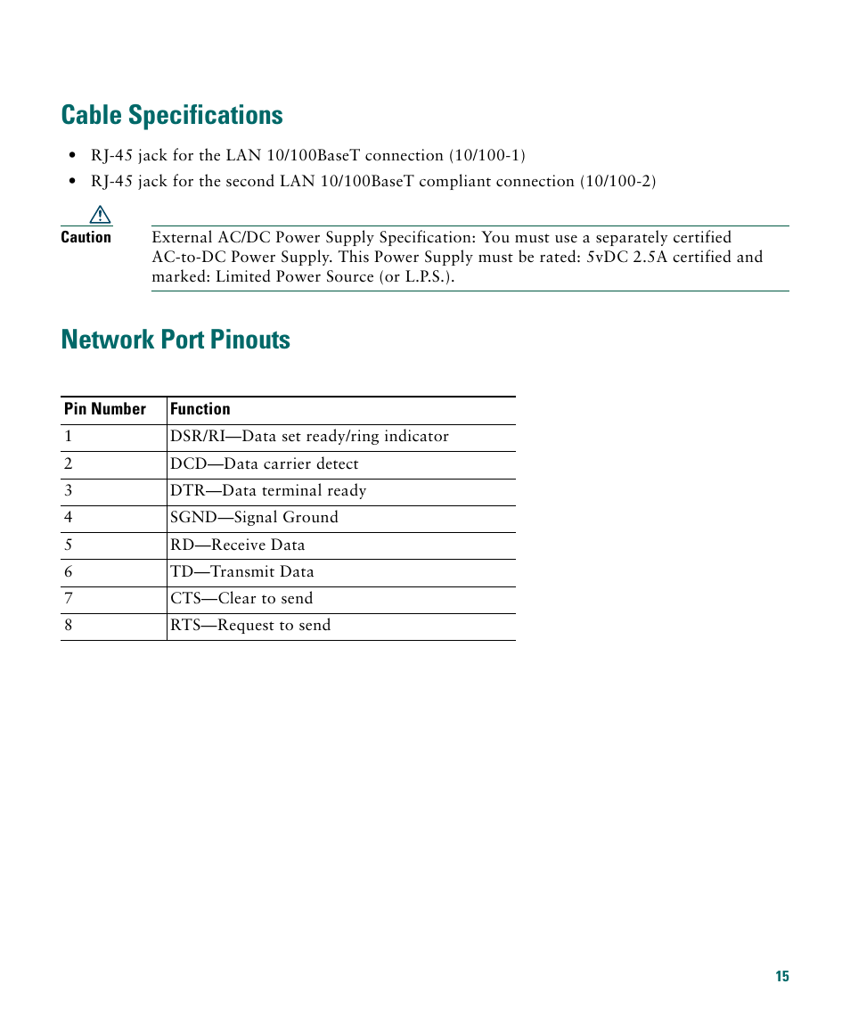 Cable specifications, Network port pinouts, Cable | Cisco 1040 User Manual | Page 15 / 52