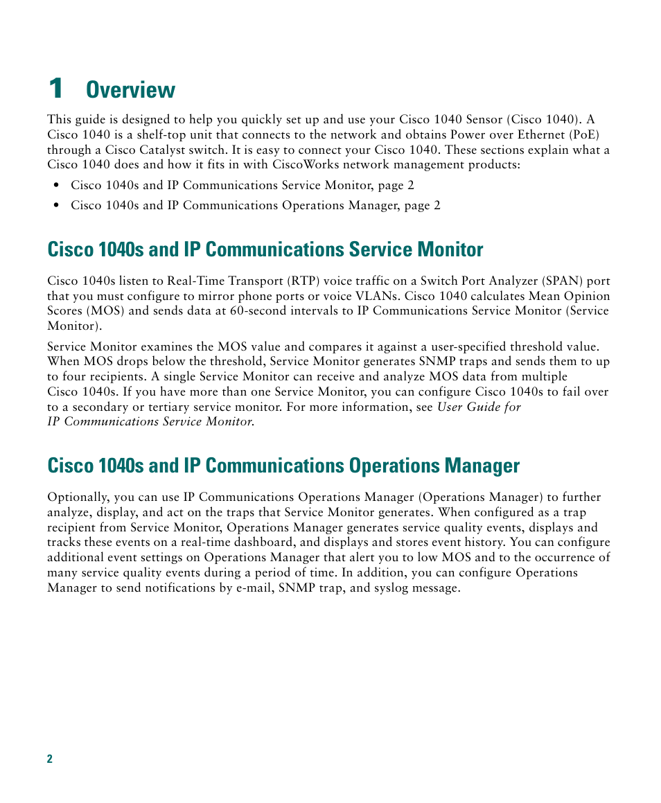 1 overview, Cisco 1040s and ip communications service monitor, Overview | Cisco 1040 User Manual | Page 2 / 52