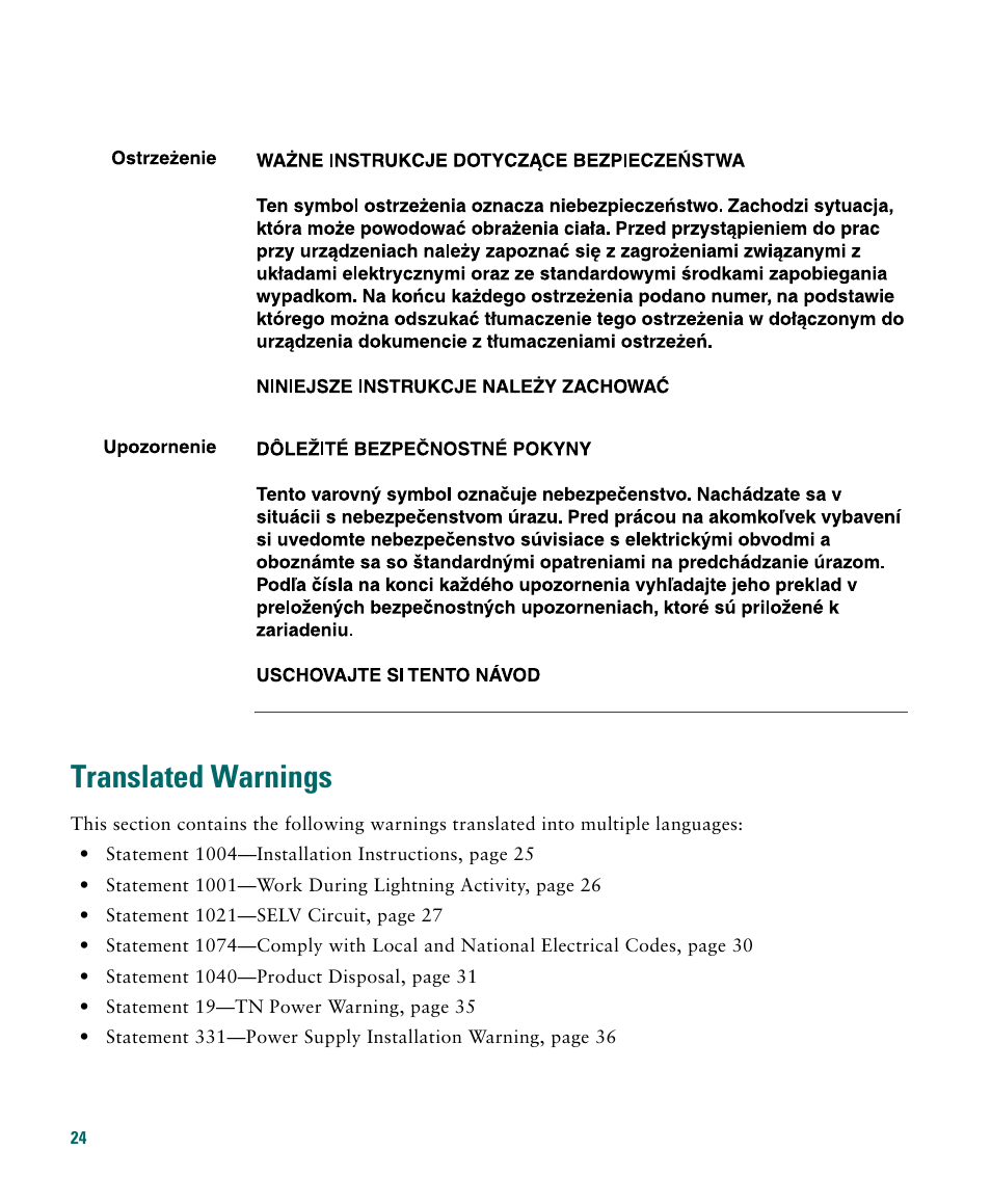 Translated warnings | Cisco 1040 User Manual | Page 24 / 52