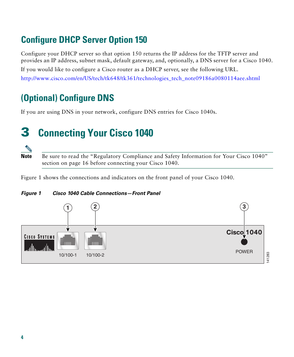 Configure dhcp server option 150, Optional) configure dns, 3 connecting your cisco 1040 | Connecting your cisco 1040 | Cisco 1040 User Manual | Page 4 / 52