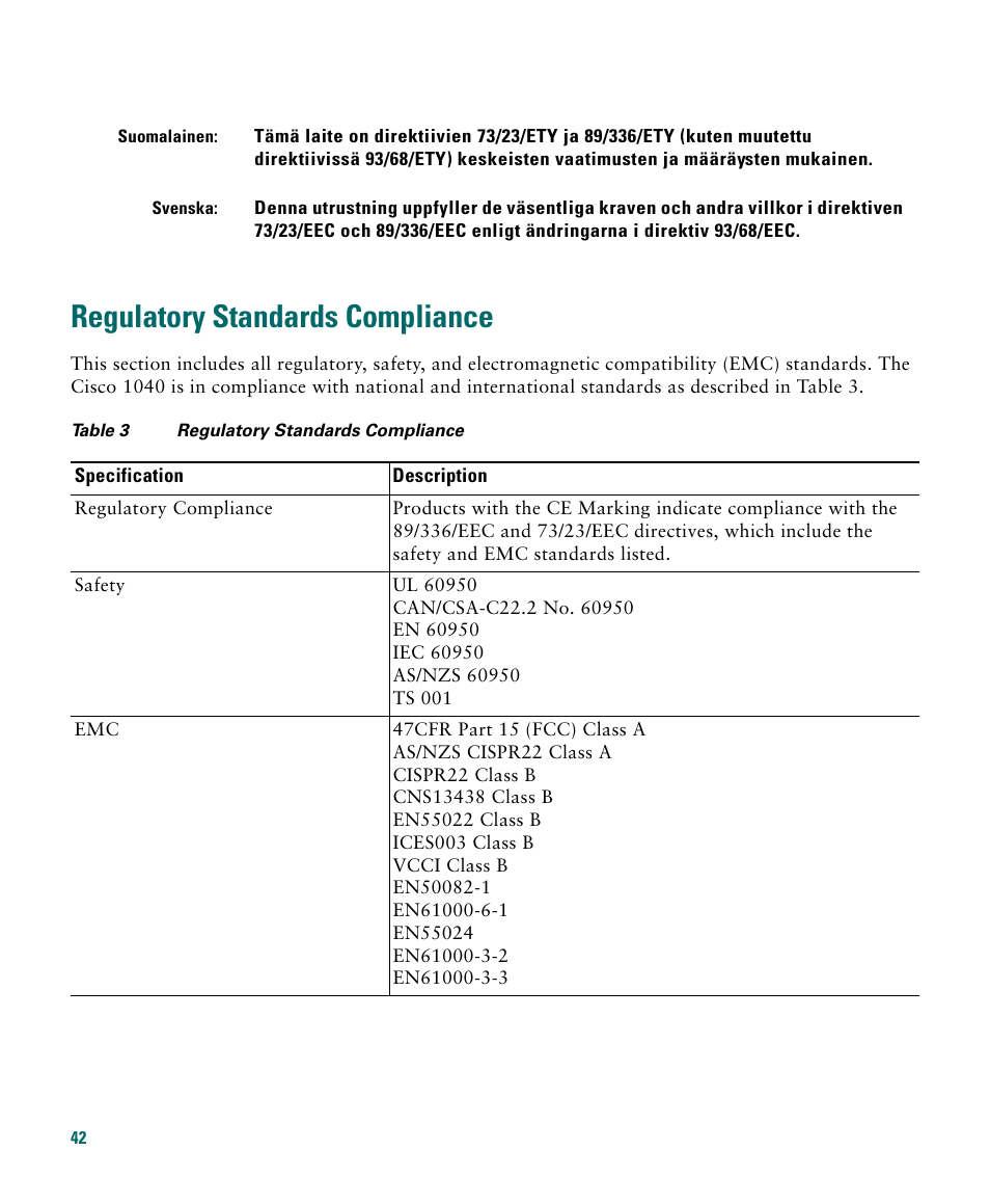 Regulatory standards compliance | Cisco 1040 User Manual | Page 42 / 52