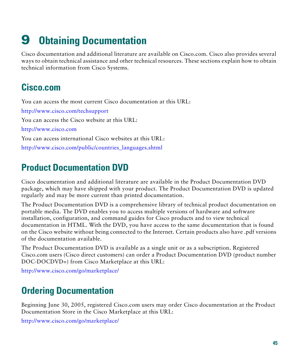 9 obtaining documentation, Cisco.com, Product documentation dvd | Ordering documentation, Obtaining documentation | Cisco 1040 User Manual | Page 45 / 52