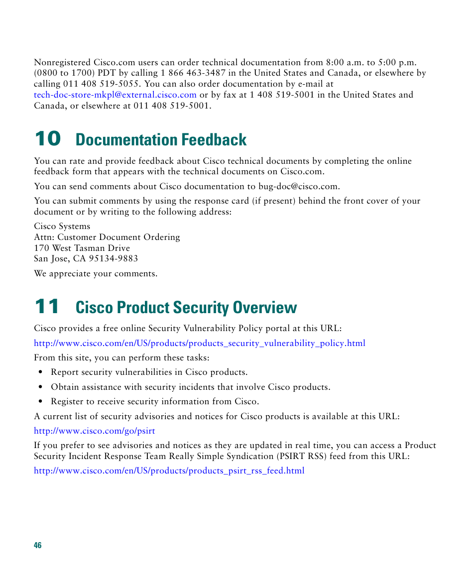 10 documentation feedback, 11 cisco product security overview, Documentation feedback | Cisco product security overview | Cisco 1040 User Manual | Page 46 / 52