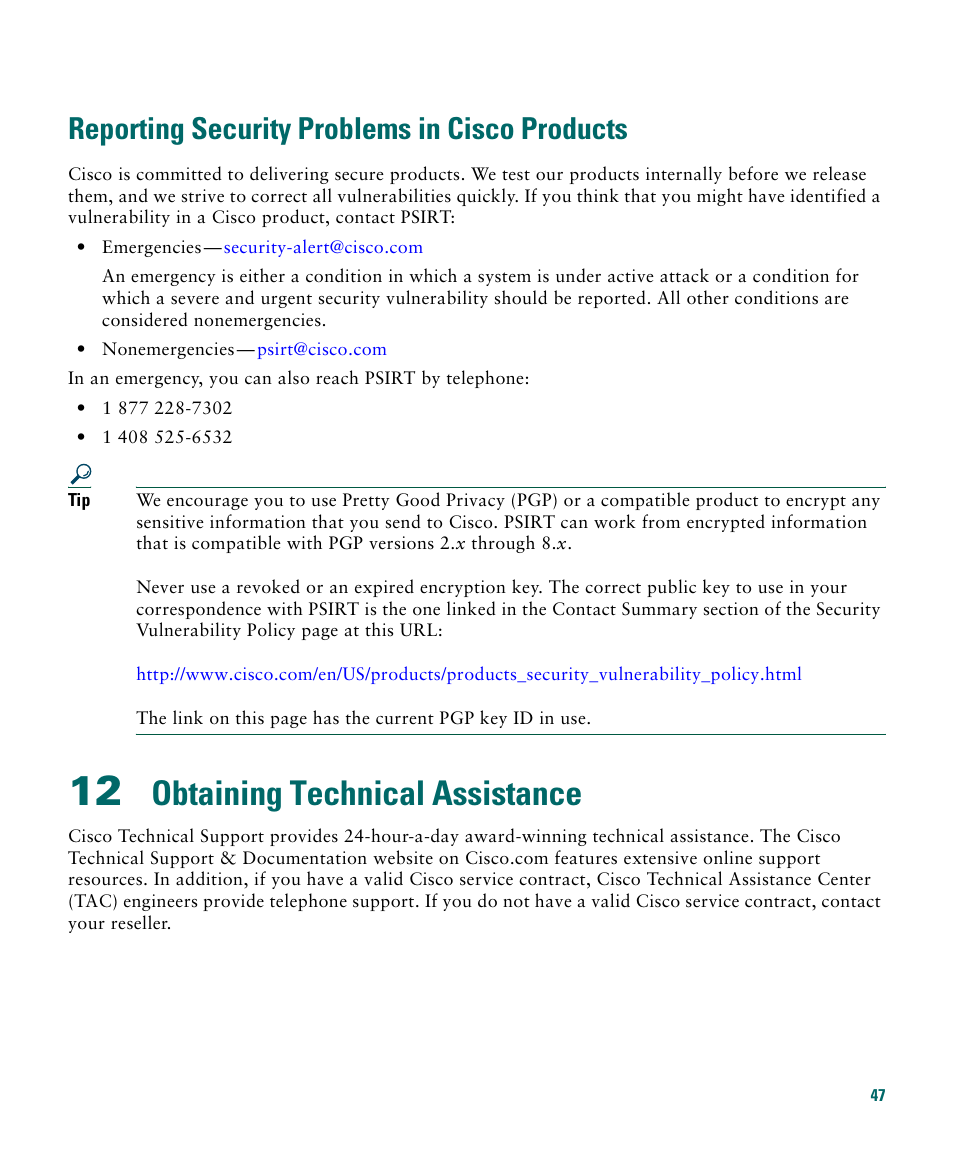 Reporting security problems in cisco products, 12 obtaining technical assistance, Obtaining technical assistance | Cisco 1040 User Manual | Page 47 / 52