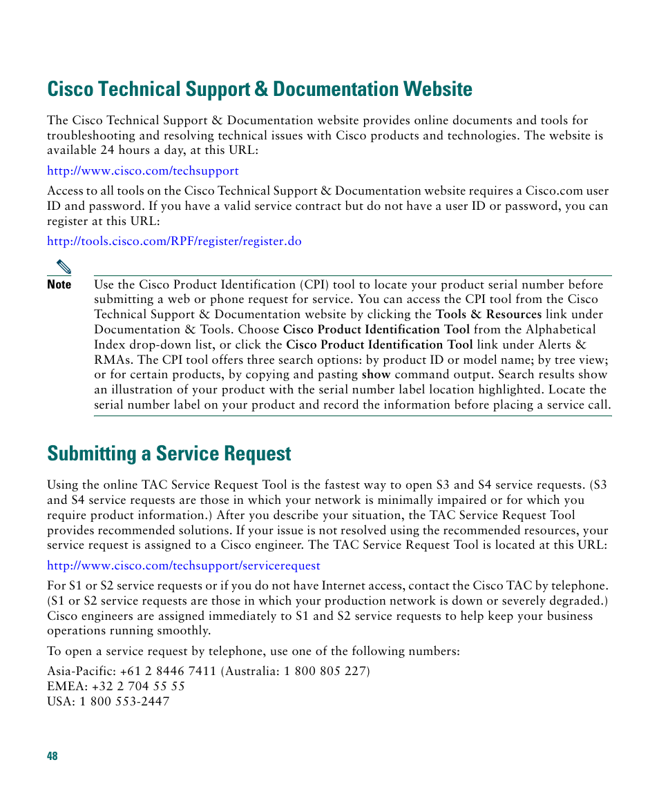 Cisco technical support & documentation website, Submitting a service request | Cisco 1040 User Manual | Page 48 / 52