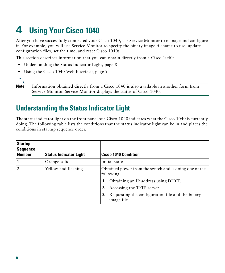 4 using your cisco 1040, Understanding the status indicator light, Using your cisco 1040 | Cisco 1040 User Manual | Page 8 / 52