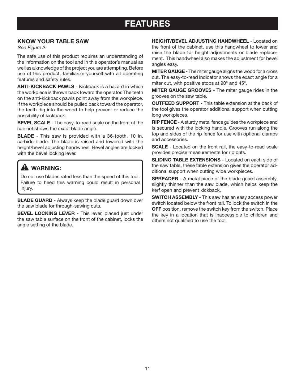 Features | Ryobi BTS16 User Manual | Page 11 / 40