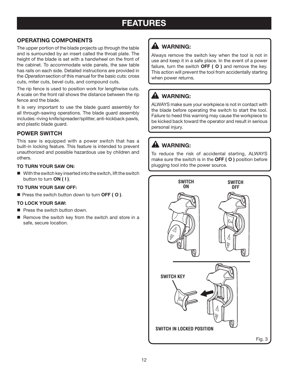 Features | Ryobi BTS16 User Manual | Page 12 / 40