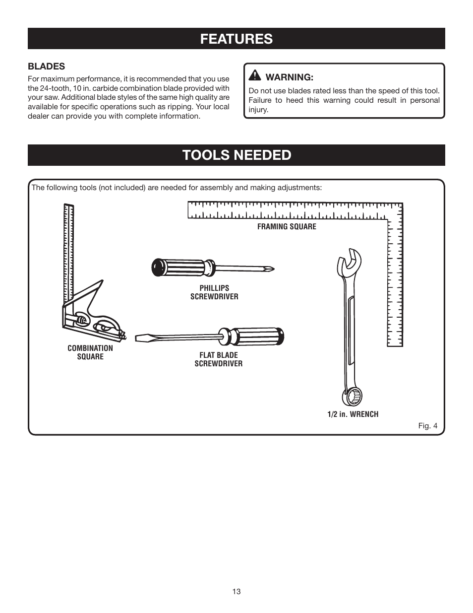 Tools needed features | Ryobi BTS16 User Manual | Page 13 / 40