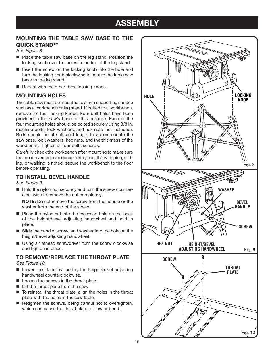 Assembly | Ryobi BTS16 User Manual | Page 16 / 40
